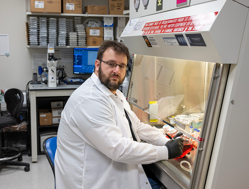 Graduate student Alen Vukovic labels media in a bio-hazard safety cabinet. 